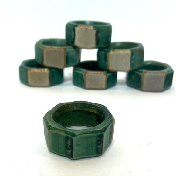 Set Of 8 Handmade Ceramic Napkin Rings Blue-Green Tones Glossy Finish Studio Art - Picture 5 of 8